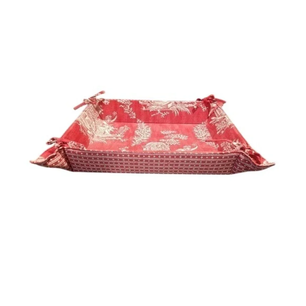 Red Toile de Jouy Fabric‎ Bread Basket Tie Corner Rectangular Vanity Tray French